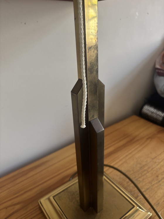 1x Large Brass 'Skyscraper' Table Lamp by Lustrerie Deknudt, 1970s – Lusterie Leknudt, Metal, Textile (photo 3 of 6)