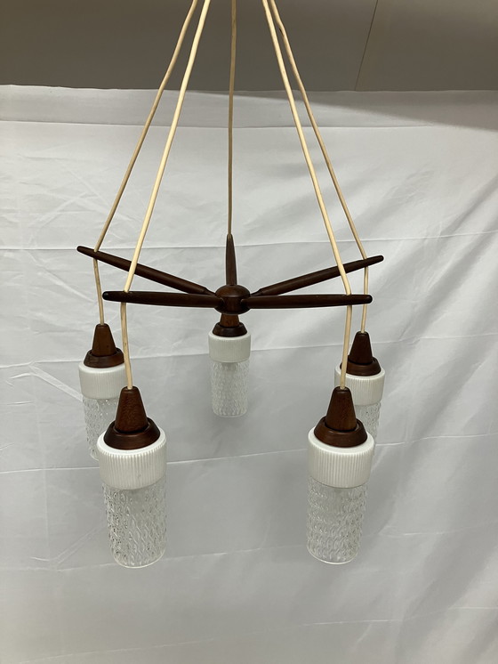 Image 1 of Vintage Scandinavian teak pendant lamp with 5 glass shades