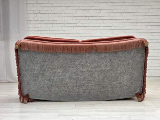 Image 1 of 1970s, Danish 2-seater sofa, original salmon pink furniture velour, beech wood.