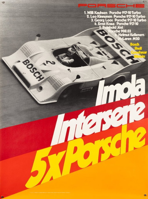 Imola Interserie 5x Porsche – 1973 – Original Vintage Porsche Poster by Atelier Strenger – Mid-Century Modern – 102x76 cm
