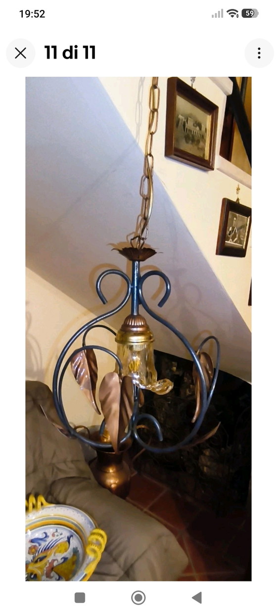 Vintage Wrought Iron Chandelier with Metal and Glass Leaves, Rustic Suspension – Pendant lamps (photo 9 of 11)