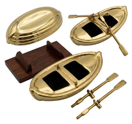 Brass boat sculpture on wooden base, Decorative Objects, Gold, Vintage (photo 12 of 12)