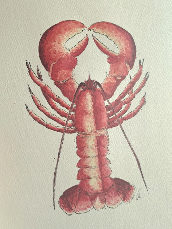 Image 1 of Watercolor painting of Lobster | Gold-colored frame