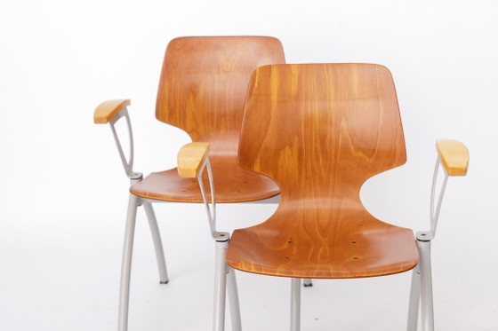 Image 1 of Set of 4 Vintage Pagholz Stackable Chairs, Industrial Dining Chairs, Germany 1970s, Beech Wood Armrests
