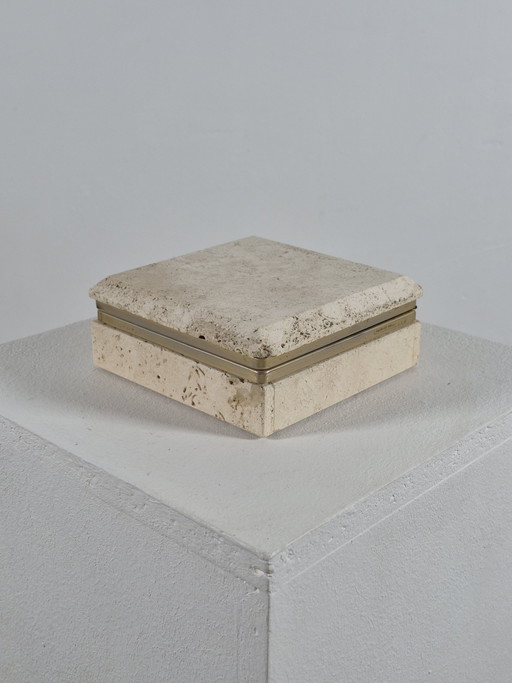 Boîte vintage artisanale en travertin, Italie, années 1970 – schalen, Stone, Brass
