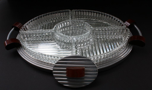 Decorative cabaret, pressed glass serving dishes on a mirrored tray, Art Deco