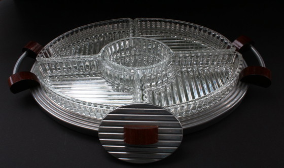 Image 1 of Decorative cabaret, pressed glass serving dishes on a mirrored tray, Art Deco