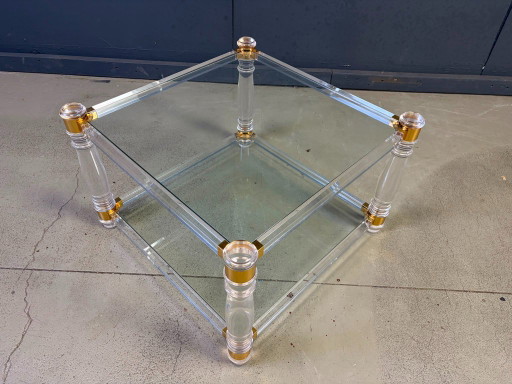 Vintage Lucite and Brass Coffee Table, 1970s – salontafels, Glass, Plexiglass