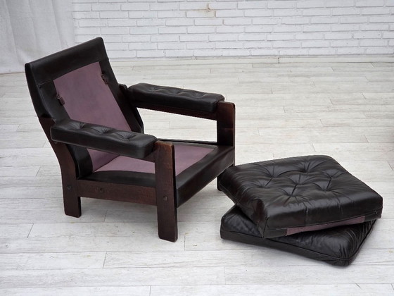Image 1 of Deense fauteuil uit de jaren 70, bruin meubelleer, eikenhout.