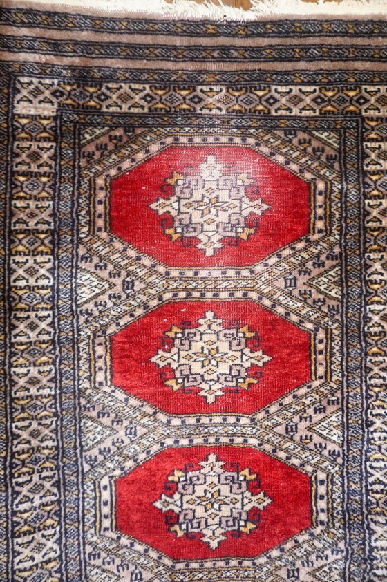 Image 1 of vintage bokhara runner rug * pakistani wool hallway carpet * purple tone and red oriental tribal rug 