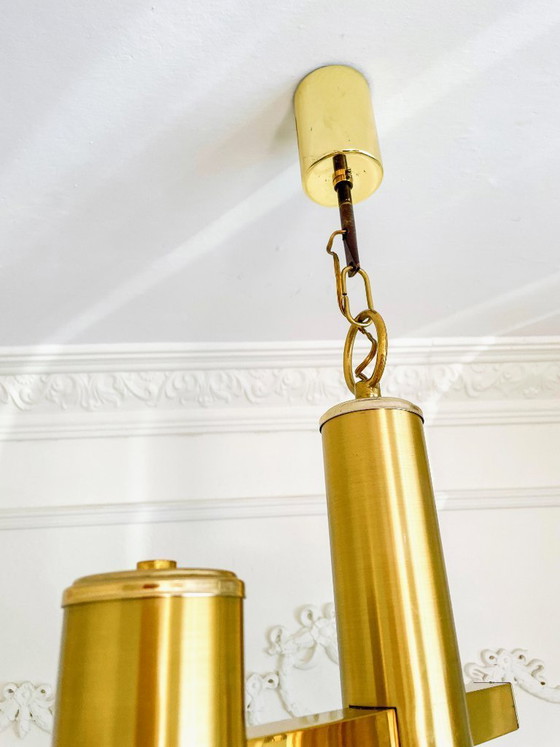 Image 1 of Vintage messing kroonluchter met opaalglas, plafondlamp uit de jaren 70 in mid-century modern stijl met 3 bollen.