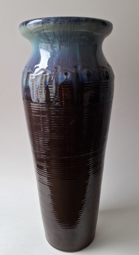 Image 1 of Vintage large ceramic vase / floor vase 38 cm – brown/turquoise flowing glaze