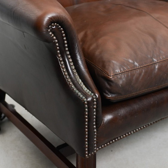 Image 1 of Late 20th Century English-Style Leather Sofa — Pearl Nail Trim & Loose Seat Cushions 