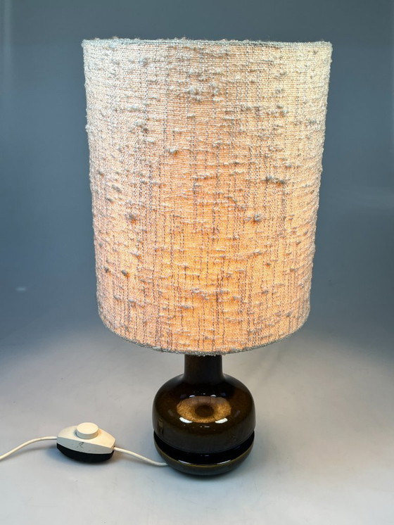 Image 1 of Vintage Earthenware Table Lamp, Green/Brown Ceramic with Wool Shade, Germany 1970s