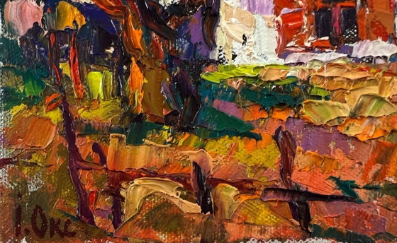 Original Oil Painting Sunset Village Landscape Evening in the Yard – Paintings & Drawings, Canvas (photo 6 of 8)