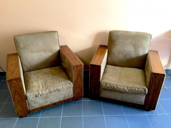 Ensemble de Fauteuils Club Art Déco en Alcantara & Noyer, 1930 – Wood, Art Deco (photo 12 of 16)