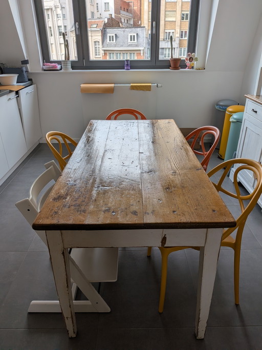 Vintage Tuscan Farmhouse Dining Table – Solid Rustic Top And Shabby Chic White Base – eettafels, Wood