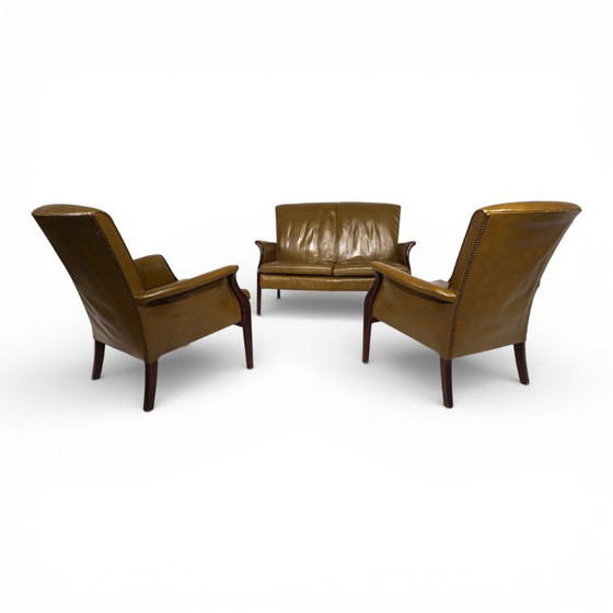 Image 1 of Froxfield 2 leather armchair and leather sofa set, moss green, by Parker Knoll, 1960