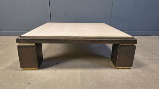 Copper and travertine coffee table by Belgochrom, 1970s