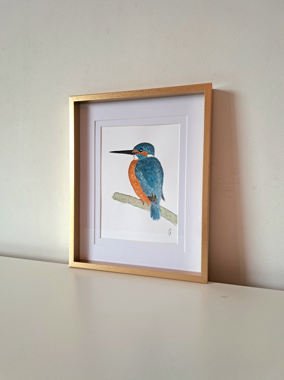 Image 1 of Aquarel schilderij origineel ijsvogel in lijst