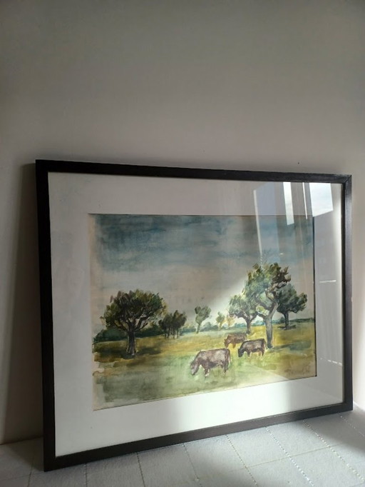 Serene watercolor with grazing cows – Bauwens ’36 – 43x52 cm”