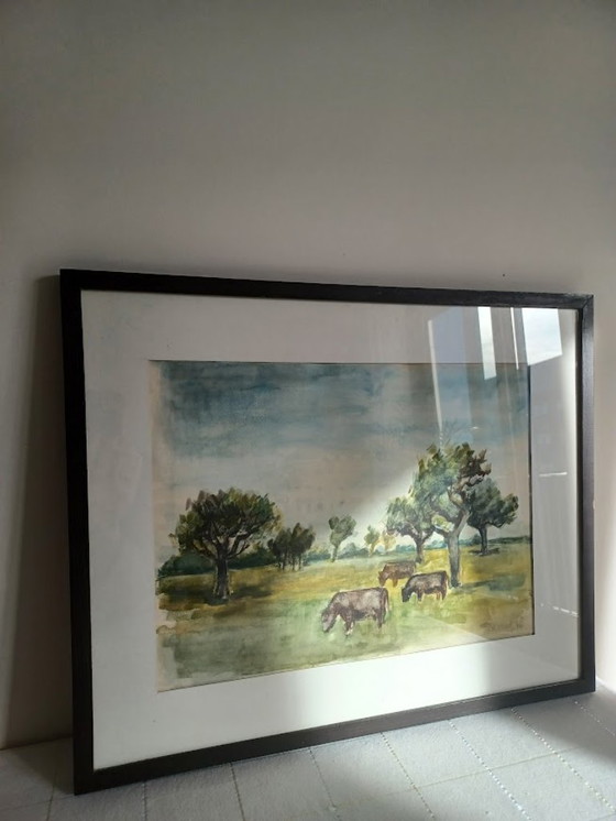 Image 1 of Serene watercolor with grazing cows – Bauwens ’36 – 43x52 cm”