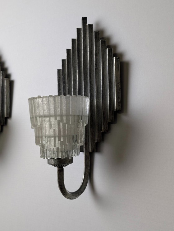 Image 1 of Pair of Ferro Art Iron and Glass Wall Sconces Art Deco Style 1970s