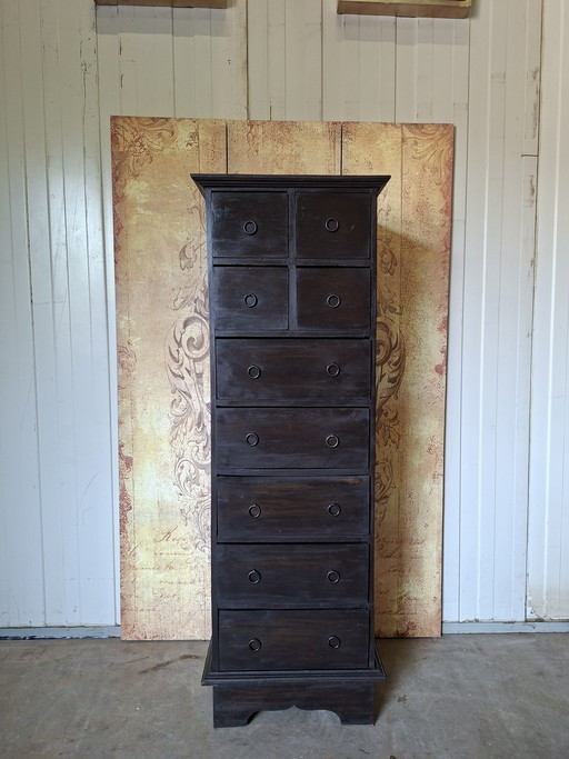 Cassettiera in teak, mobile da farmacia, schedario, dimensioni: 50x42 cm e 150 cm di altezza.