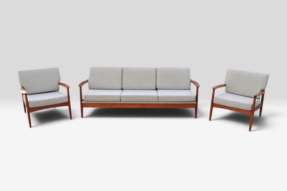 Canapé vintage en teck Eugen Schmidt Soloform et 2 fauteuils – Sofas, Bois, Textile (photo 7 of 13)