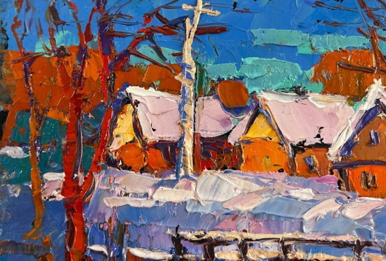 Image 1 of Original Oil Painting Winter Village Landscape Frosty breath of dawn