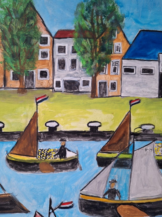 Image 1 of painting, sailboats, naive art, bright colors