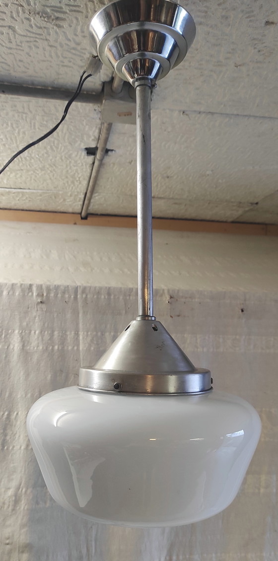 Image 1 of Bauhaus pendant light in metal and opaline glass globe - mid-20th century