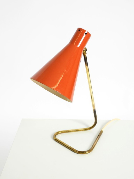Image 1 of Beautiful, Large Mid-Century Modern Brass Table Lamp with a Brick-Red Shade