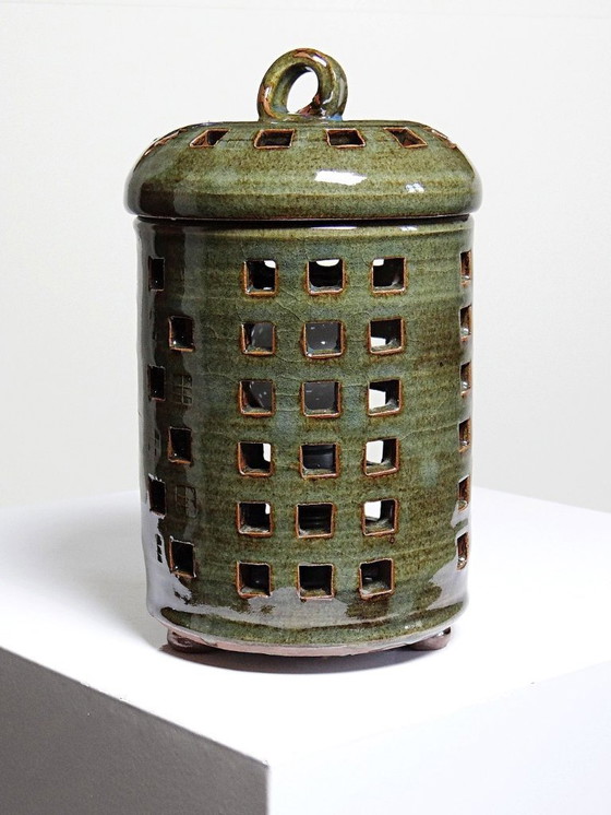 Image 1 of Lampe de table vintage grès émaillé ajouré "Immeuble" signé