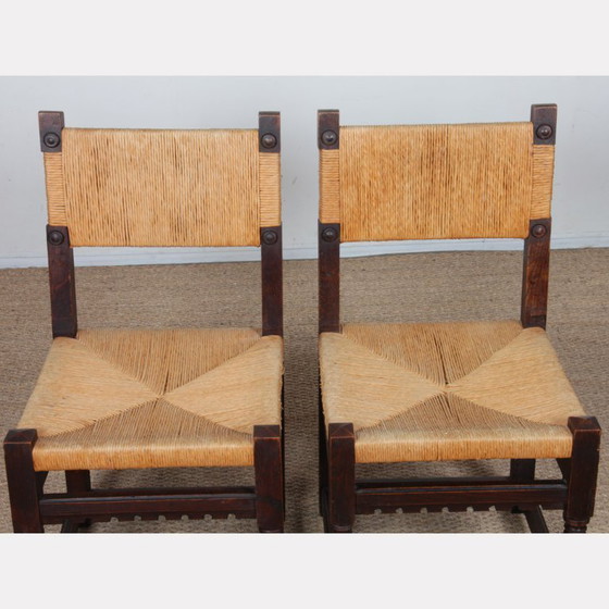 Image 1 of Set of 4 straw-seated chairs in solid oak, 1950