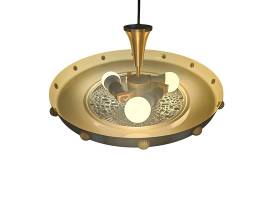 Image 1 of Lampada a sospensione UFO in stile Lakro - Vintage - 'Champagne gold' - vetro - anni '70