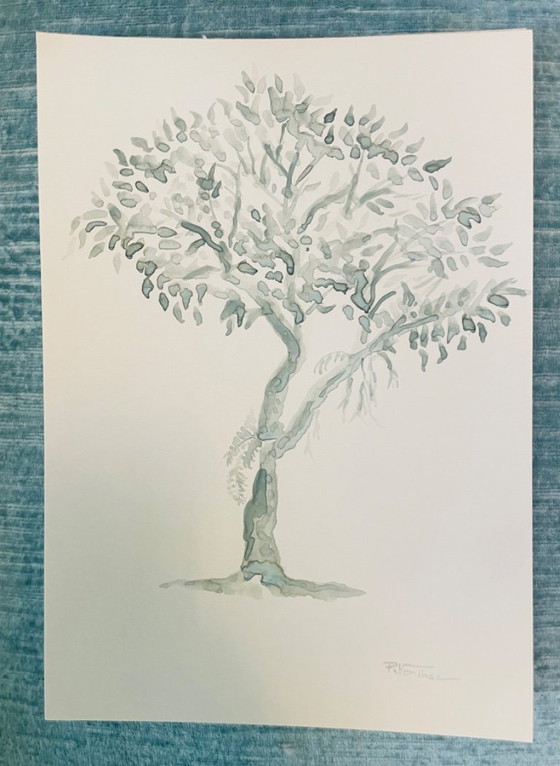 Image 1 of Set of 3 signed watercolor landscape paintings in sage green monochrome