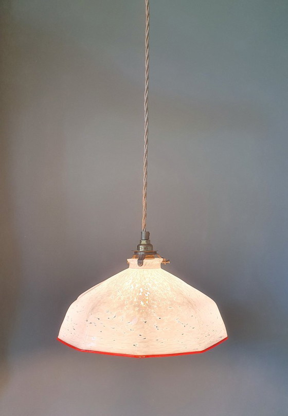 Image 1 of lampada a sospensione vintage - vetro opalino - paralume marmorizzato bianco