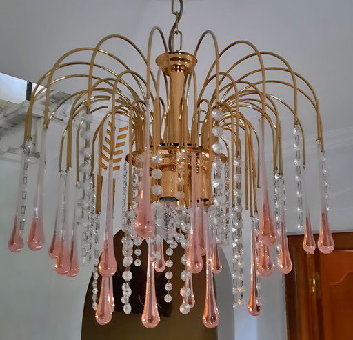 XXL Murano Drop Lamp, Beautiful Vintage Chandelier with Glass Rosaline Drops and Gold Finish