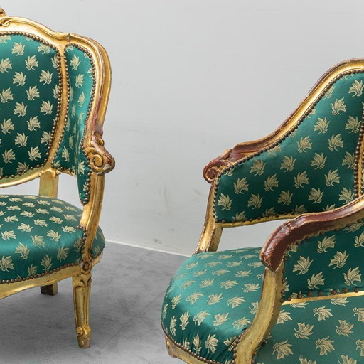 PAAR LOUIS-XV-SESSEL IN GOLD MIT VINTAGE-GRÜNEM STOFF
