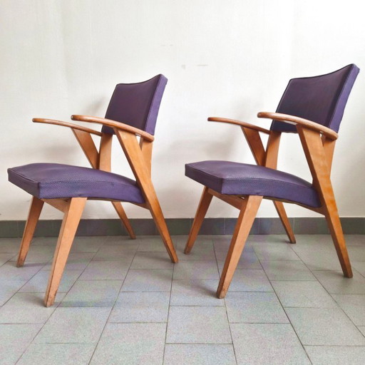 PAR DE SILLONES VINTAGE DE LOS AÑOS 50, FABRICADOS EN MADERA DE HAYA CON PATAS EN FORMA DE COMPÁS, ESTILO ROCKABILLY.