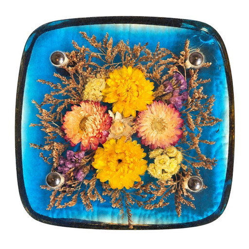 Sottopentola vintage in resina blu e fiori secchi – 17,5 cm