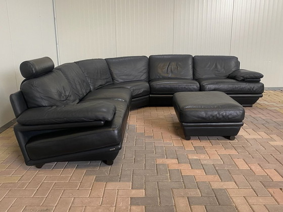 Image 1 of  Natuzzi Black Real Leather Corner Sofa + Hocker