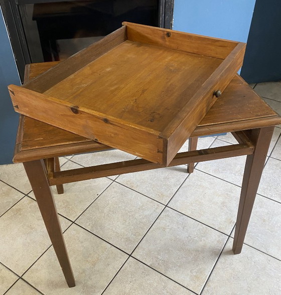 Schreibtisch mit einer großen Schublade aus massiver Eiche, um 1950, 78 x 58 cm – Wood (photo 4 of 19)