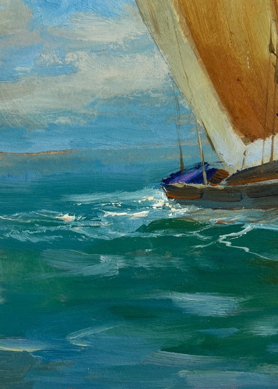 Image 1 of Dipinto ad olio originale, paesaggio marino estivo con barche a vela in mare.