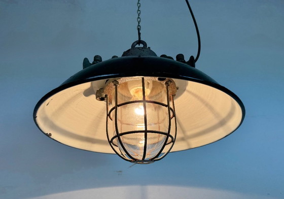 Image 1 of Black Enamel and Cast Iron Industrial Cage Pendant Light, 1960s
