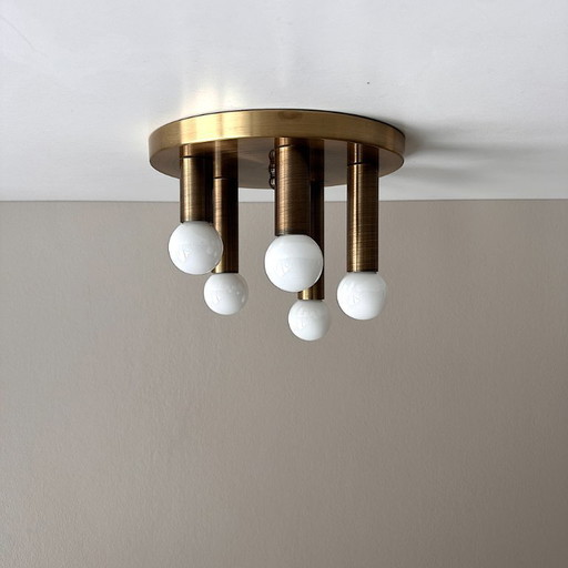 Vintage ceiling lamp Sölken Leuchten Flush Mount Brass Brushed Matt 5-flame Hollywood Regency