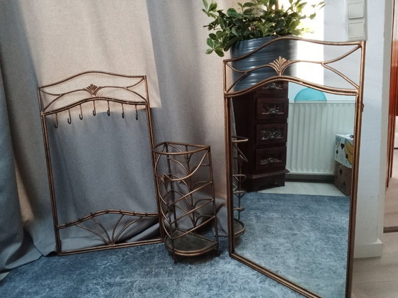 Image 1 of 3 delig Palazzo art / art nouveau vestibule set spiegel kapstok paraplu houder goud metaal kleur