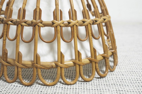 Image 1 of Vintage Rattan Bell Pendant Lamp, Louis Sognot Style Cane Ceiling Light, French Riviera Mediterranean Decor