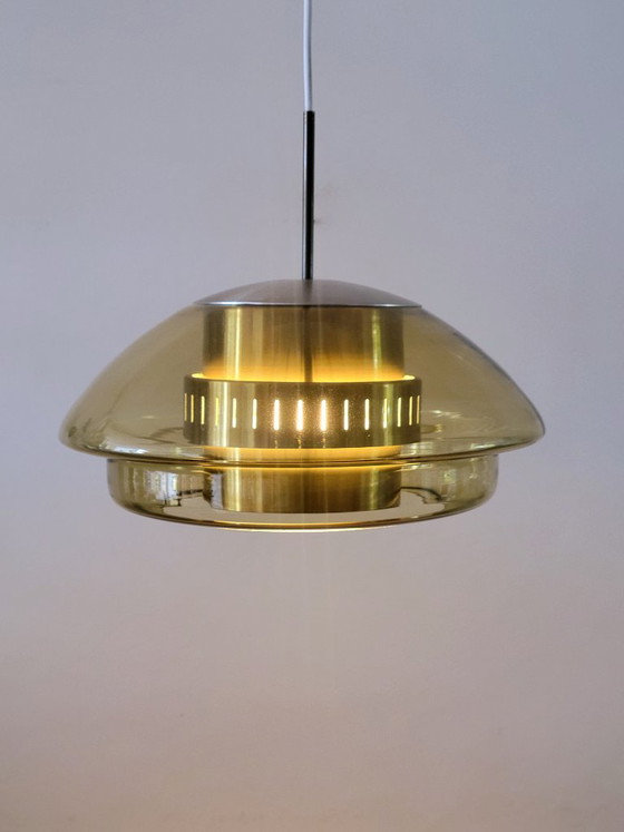 Dijkstra Space Age pendant lamp with amber glass, Netherlands 1970, Dijkstra Lampen, Metal, Yellow (photo 2 of 10)